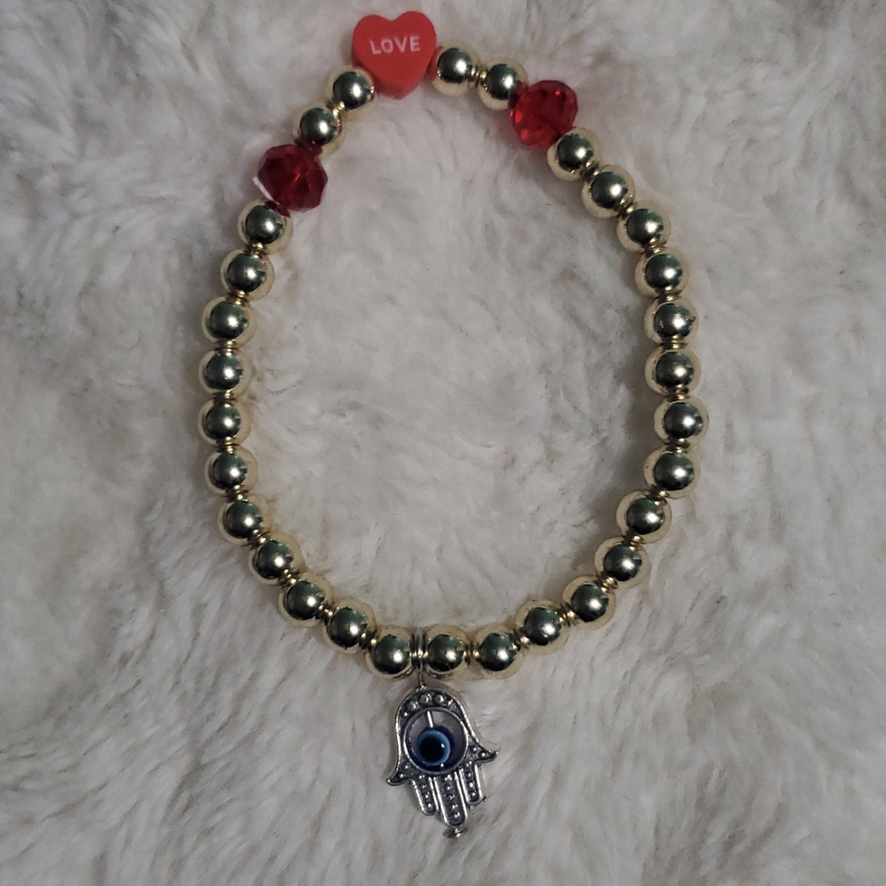 Gold Beaded Bracelet with Silver Hamsa Charm